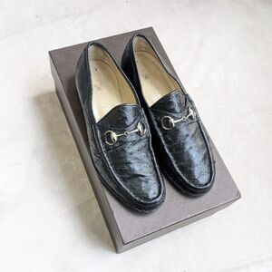 Gucci Horsebit Loafers Black Ostrich Men 8.5 Leather